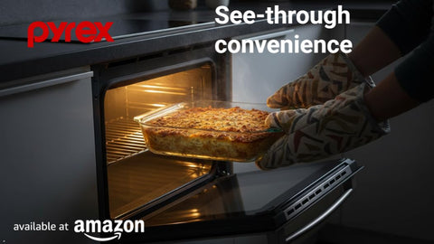 Pyrex 222 on table served with casserole highlighting serving convenience