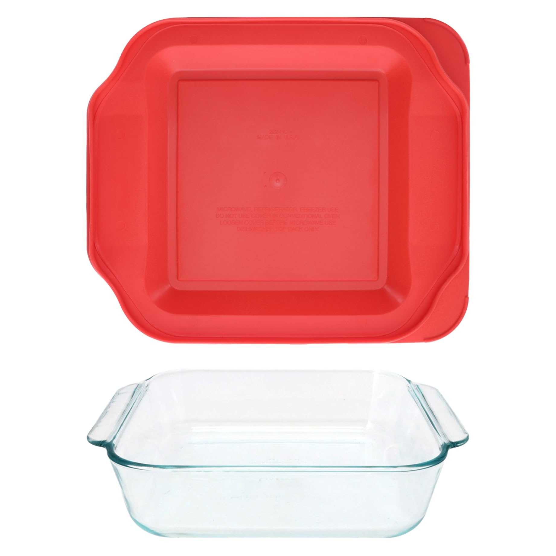 Pyrex 222 red lid snapped closed on dish, secure storage benefit shown