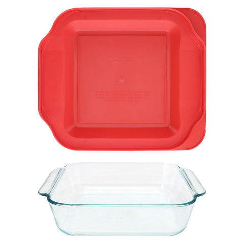 Pyrex 222 red lid snapped closed on dish, secure storage benefit shown