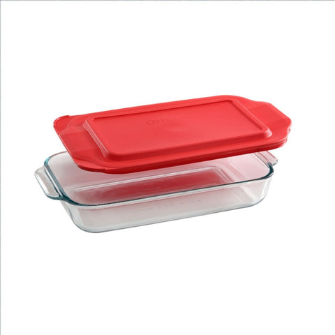 Pyrex 232 lid detail close-up showing red BPA-free plastic and secure fit benefit