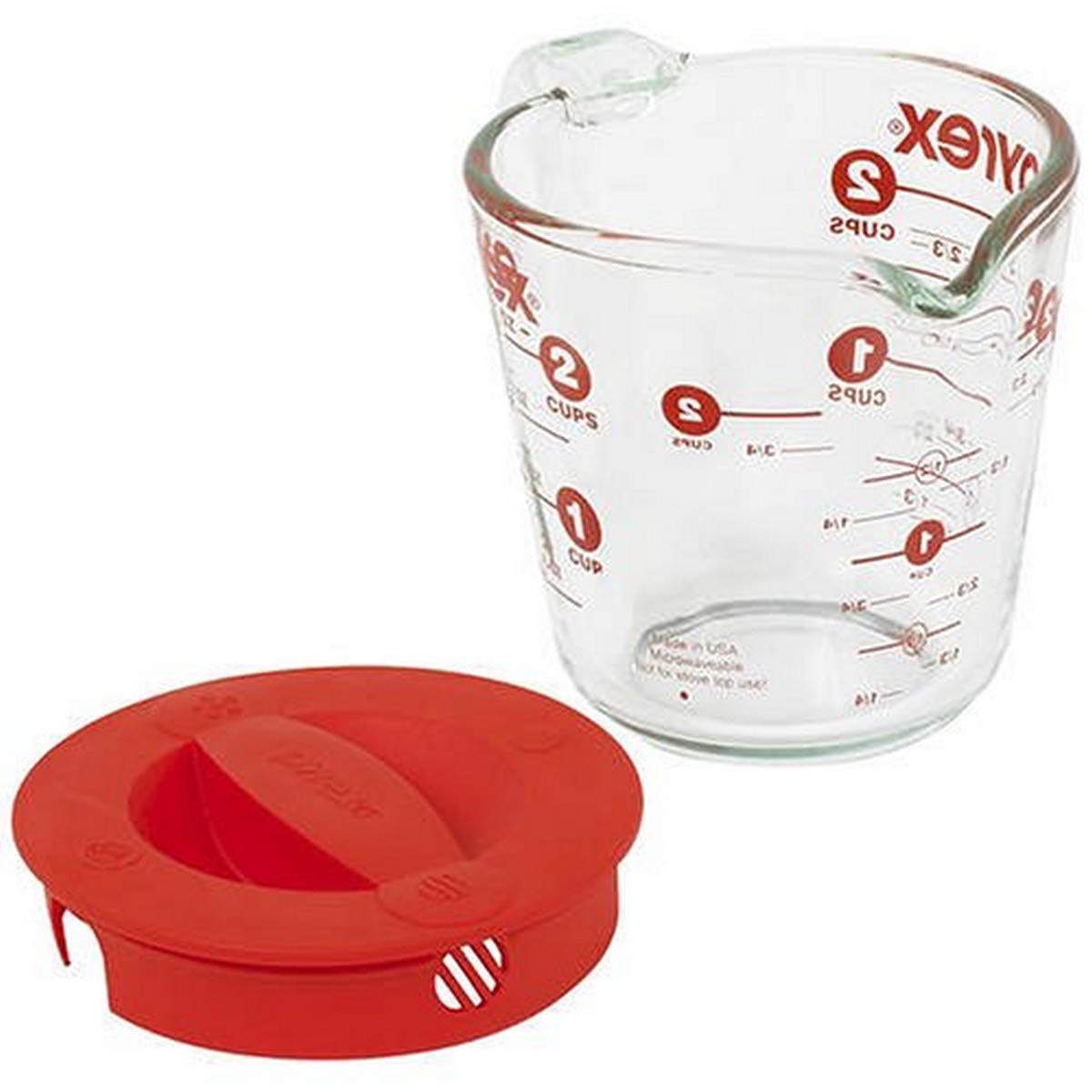 Pyrex 2-cup measuring cup front view with lid showing accurate measurements
