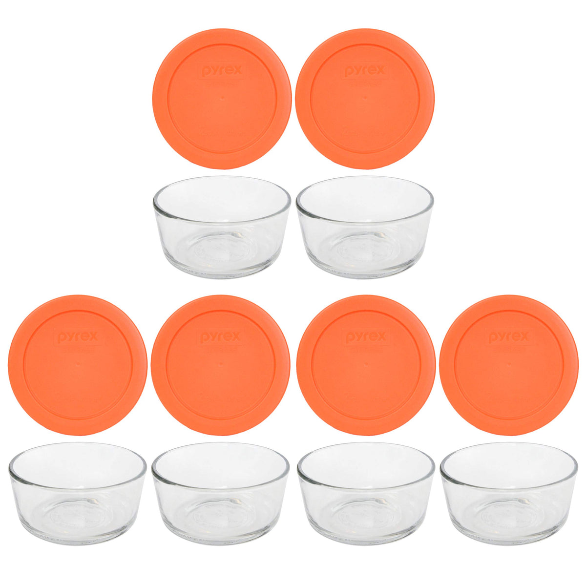 Pyrex front packaging showing 6-pack glass bowls and orange lids, clear labeling benefit