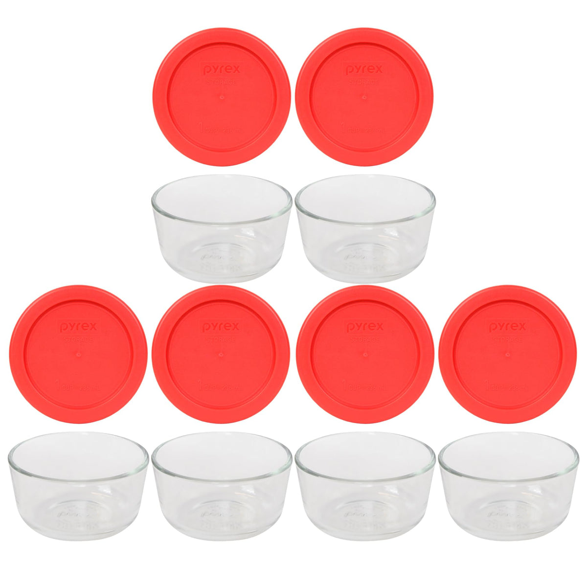 Pyrex 7200 front packaging showing six glass bowls and red lids, reliable storage