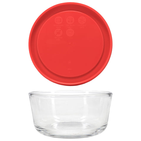 Pyrex 7200 bowl next to measuring cup showing 2-cup capacity for portioning