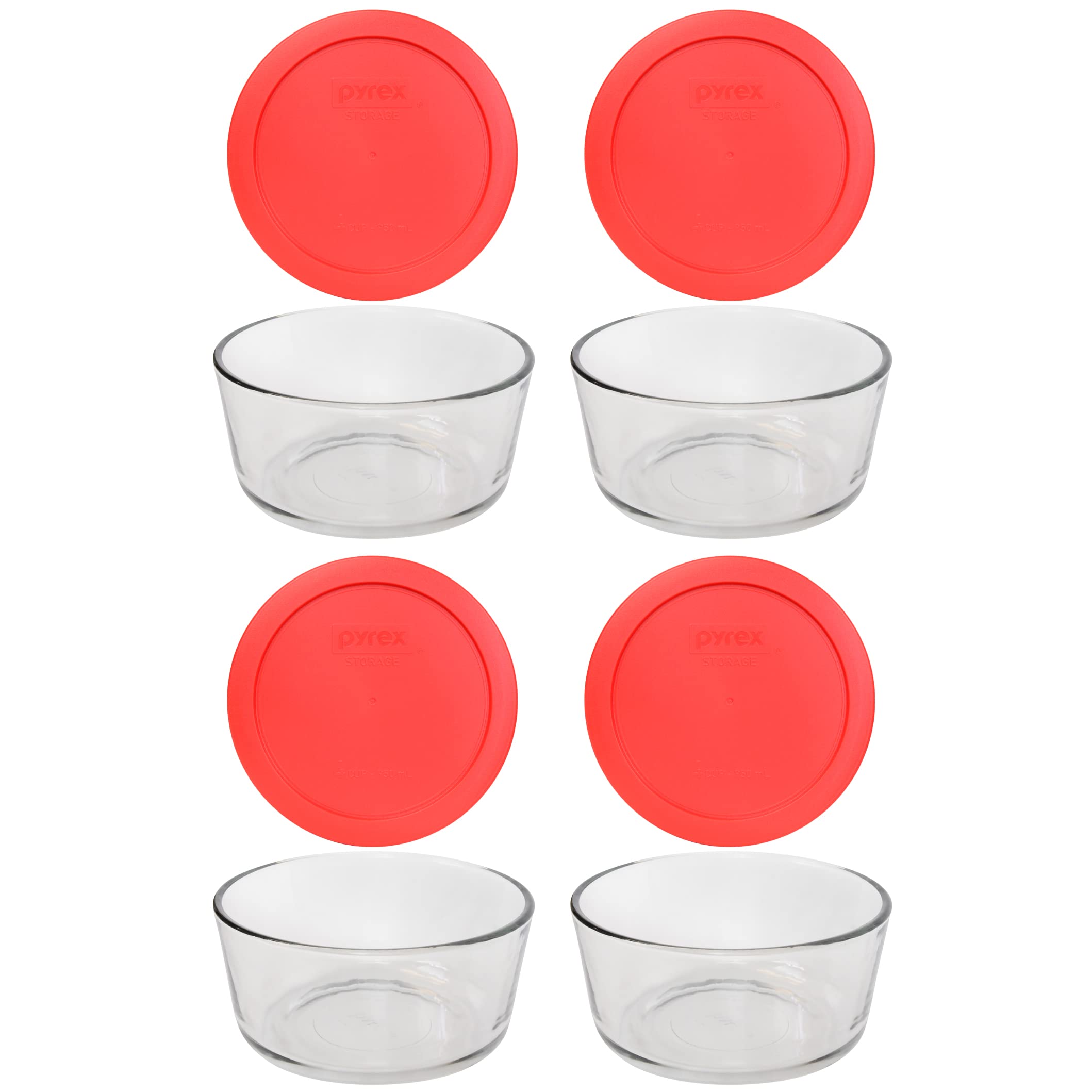 Pyrex 7201 front view of four glass bowls with red lids showing neat storage benefit