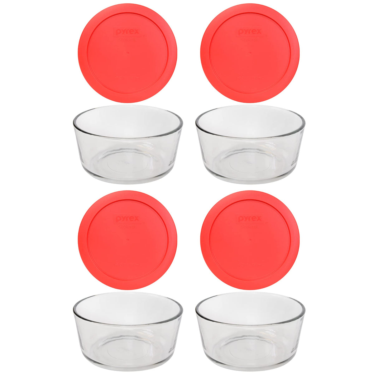 Pyrex 7201 front view showing four clear bowls and red lids for organized storage
