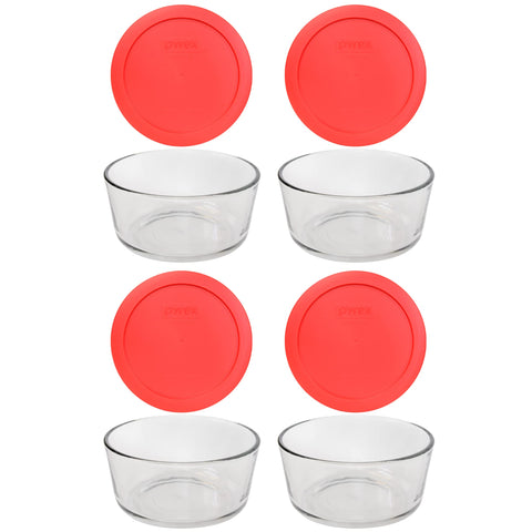 Pyrex 7201 front view of four glass bowls with red lids showing neat storage benefit