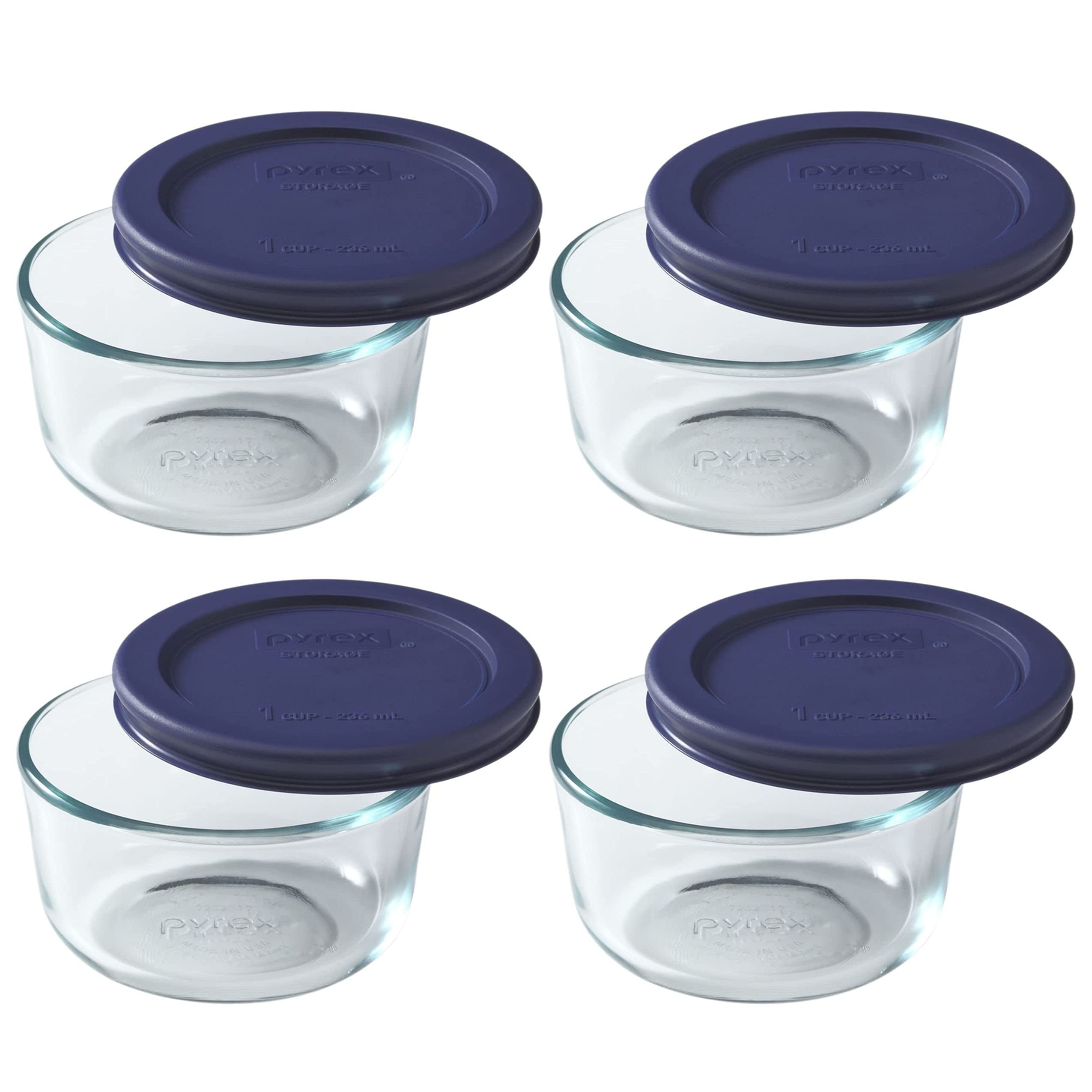 Pyrex 7202 front pack showing four bowls and dark blue lids for organized storage
