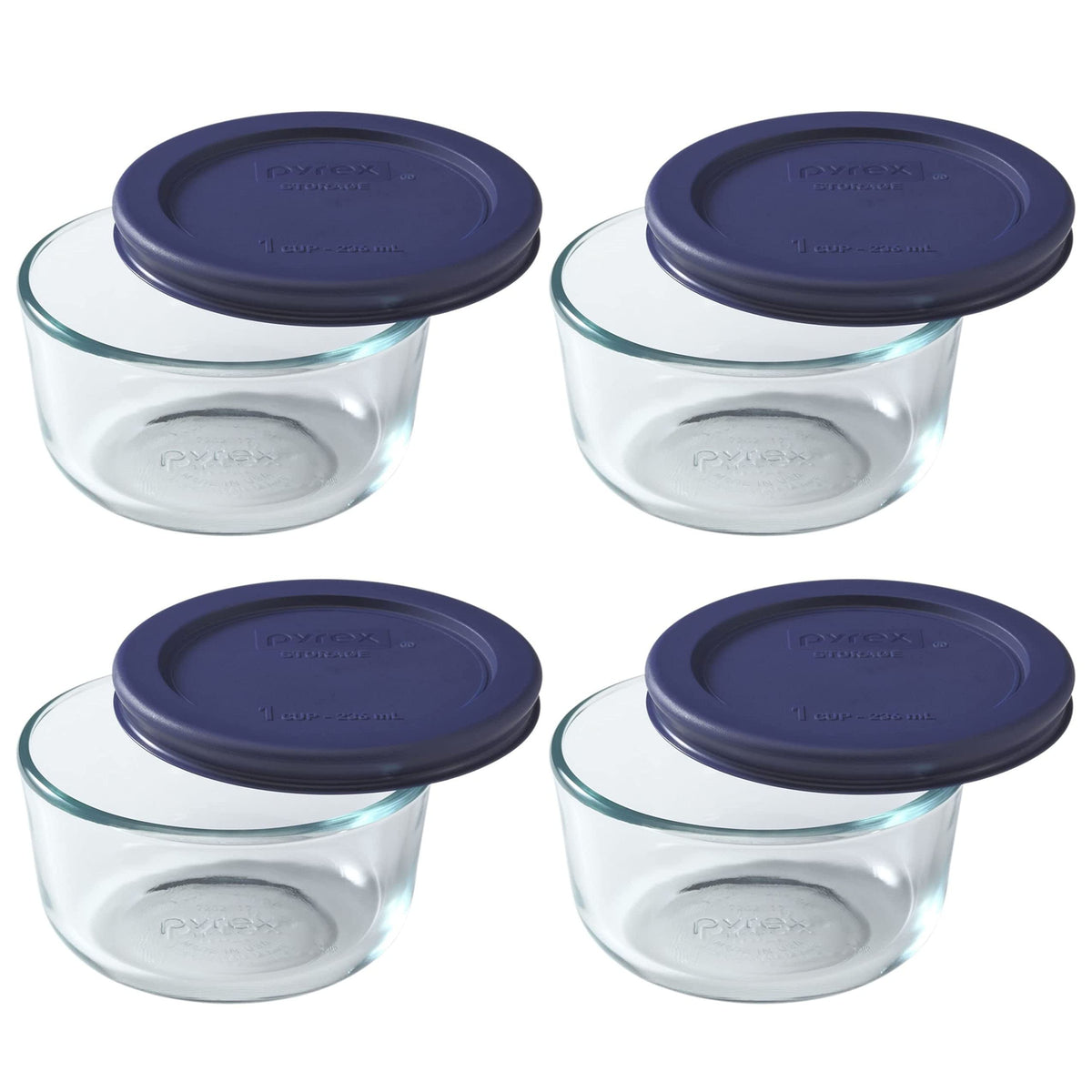 Pyrex 7202 front pack showing four bowls and dark blue lids for organized storage