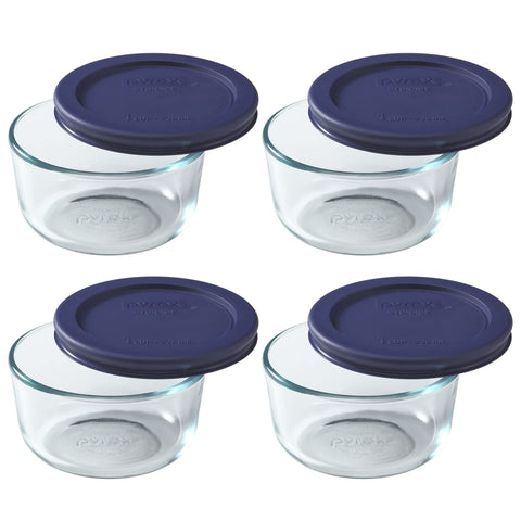 Pyrex 7202 front pack showing four bowls and dark blue lids for organized storage