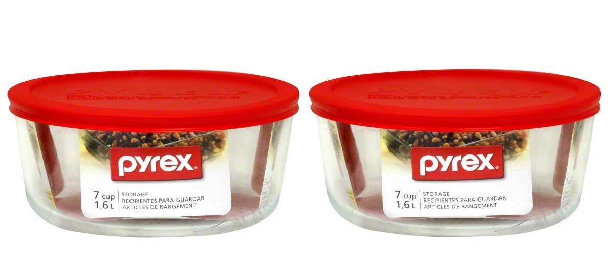 Pyrex 7203 front view showing bowl with red lid and clear glass benefit