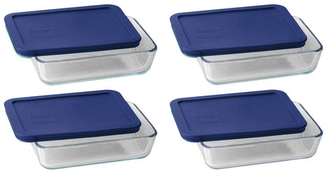 Pyrex 7210 front view showing glass dish and dark blue lid for secure storage