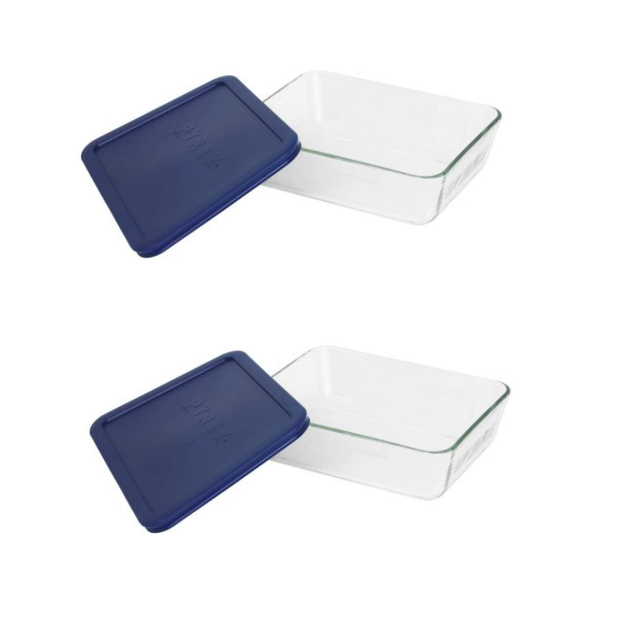 Pyrex 7211 front view showing glass dish with dark blue lid, durable storage