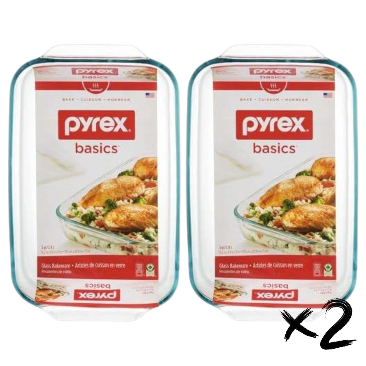 Pyrex Basics front view 9x13 pan showing clear glass and easy monitoring benefit