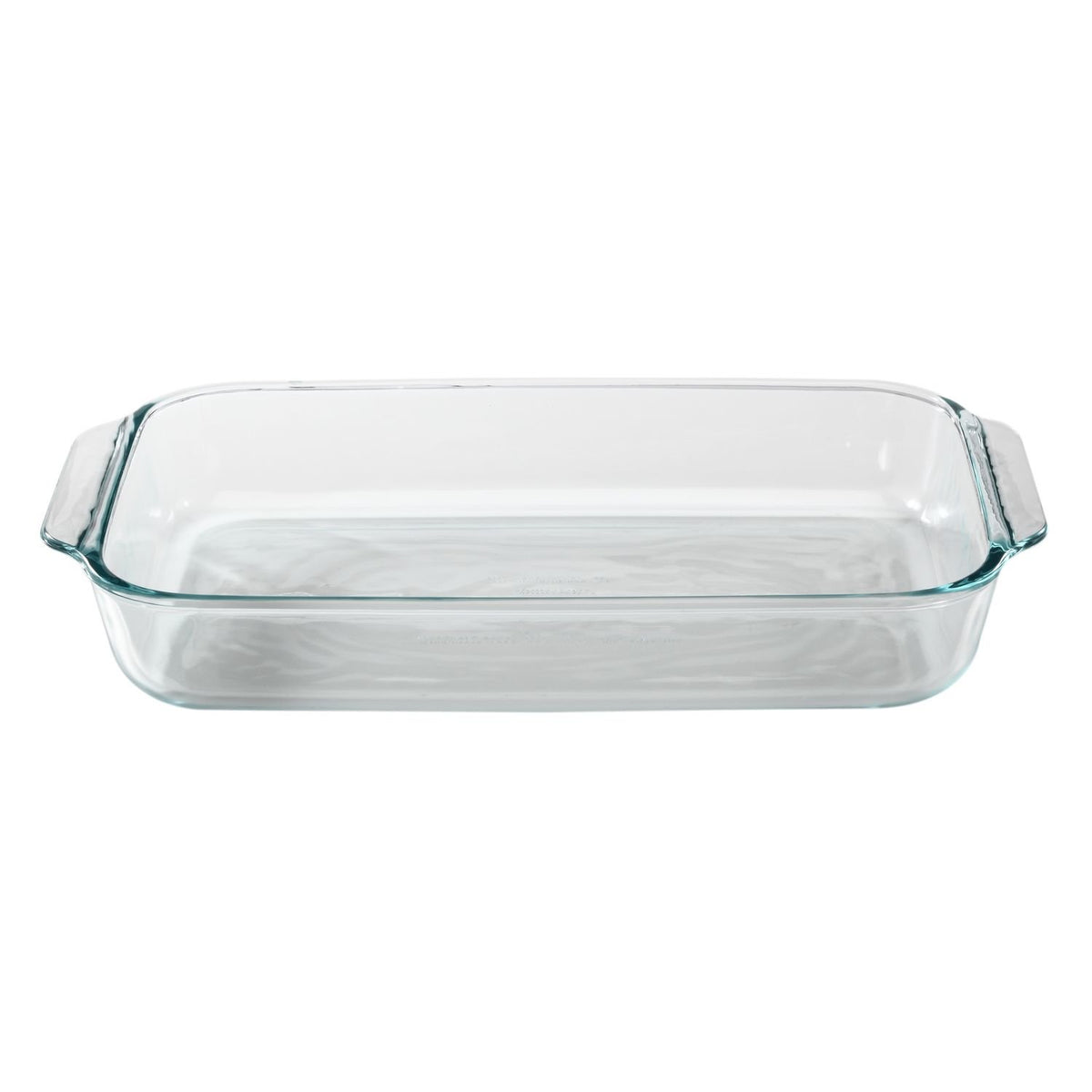 Pyrex clear oblong baking dish front view showing capacity and easy serving