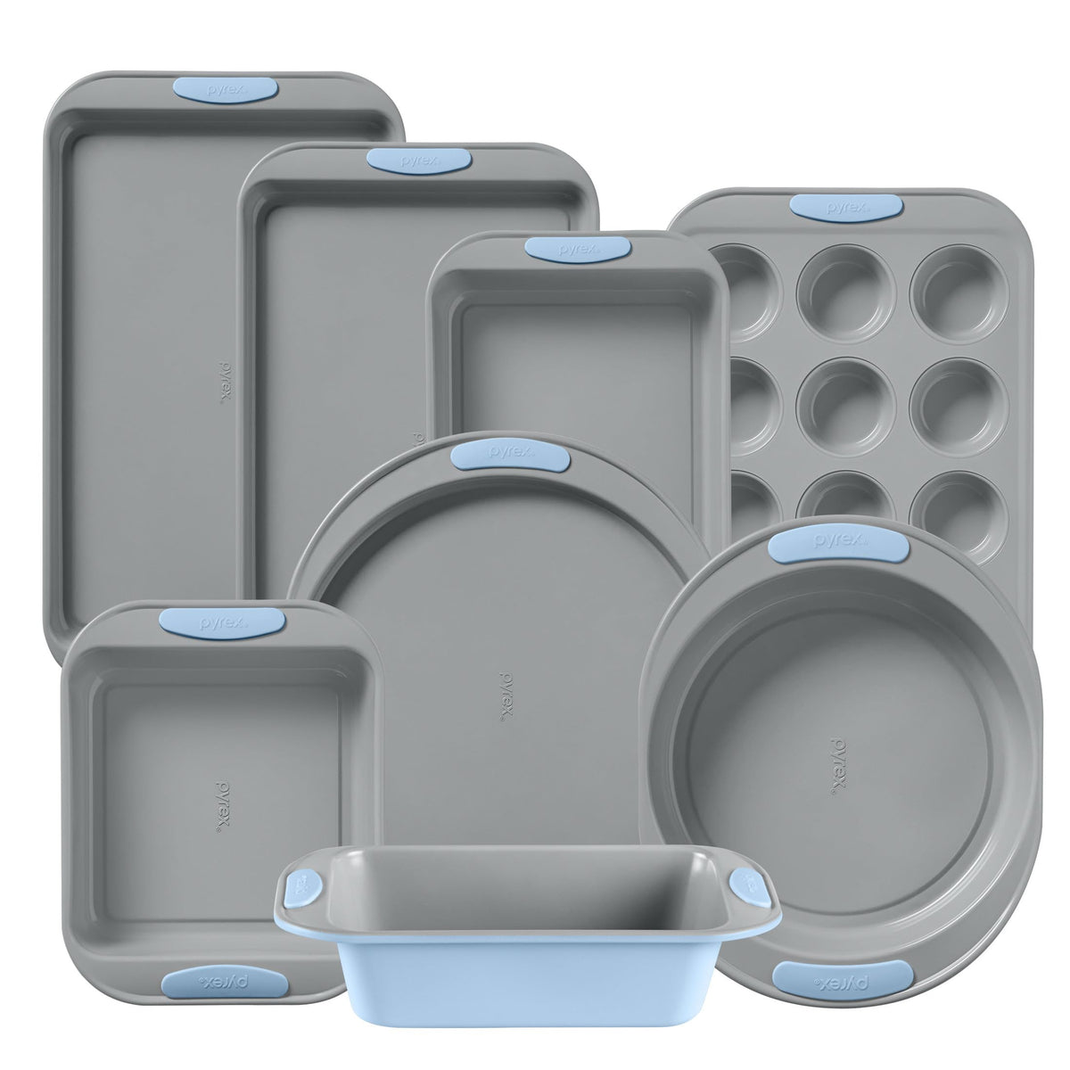 Pyrex cerulean full set front view showing modern two-tone finish and organized layout