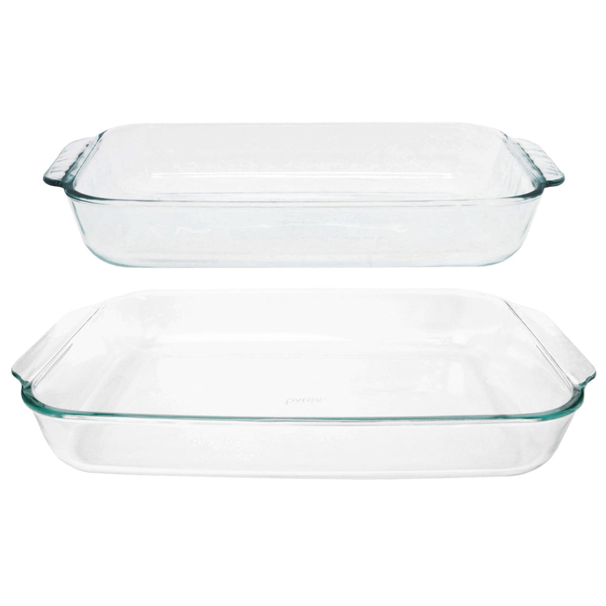 Pyrex clear front view showing two oblong baking dishes and durable glass finish