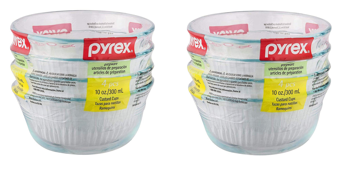 Pyrex custard cup front view showing clear glass and measurement, ideal for baking