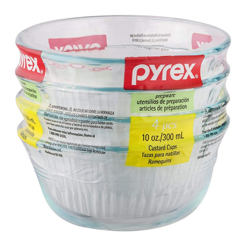 Pyrex custard cups stacked on counter demonstrating compact storage and serving convenience