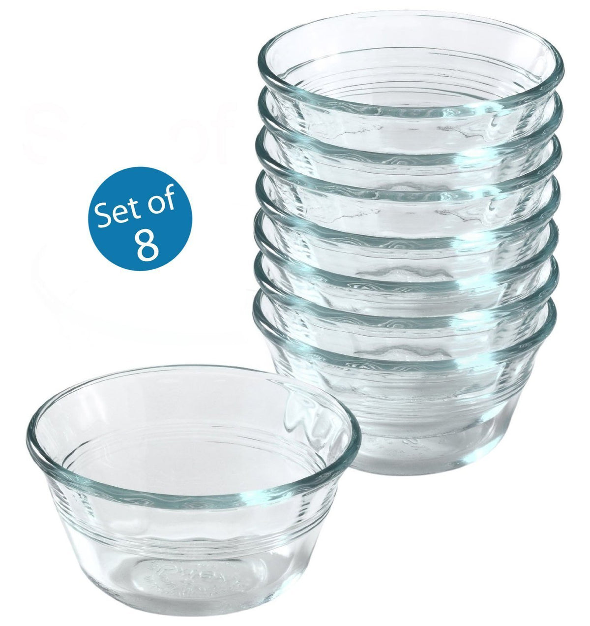 World Kitchen Pyrex front view of eight clear custard cups for baking and serving