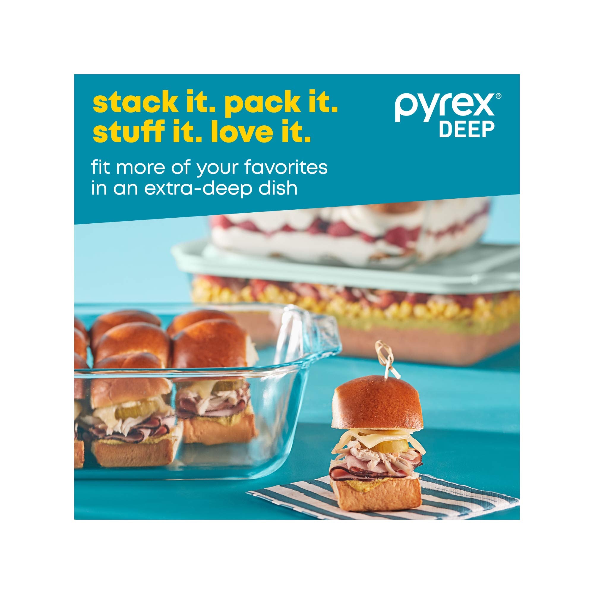 Pyrex pans stacked with lids showing neat storage and space-saving benefit