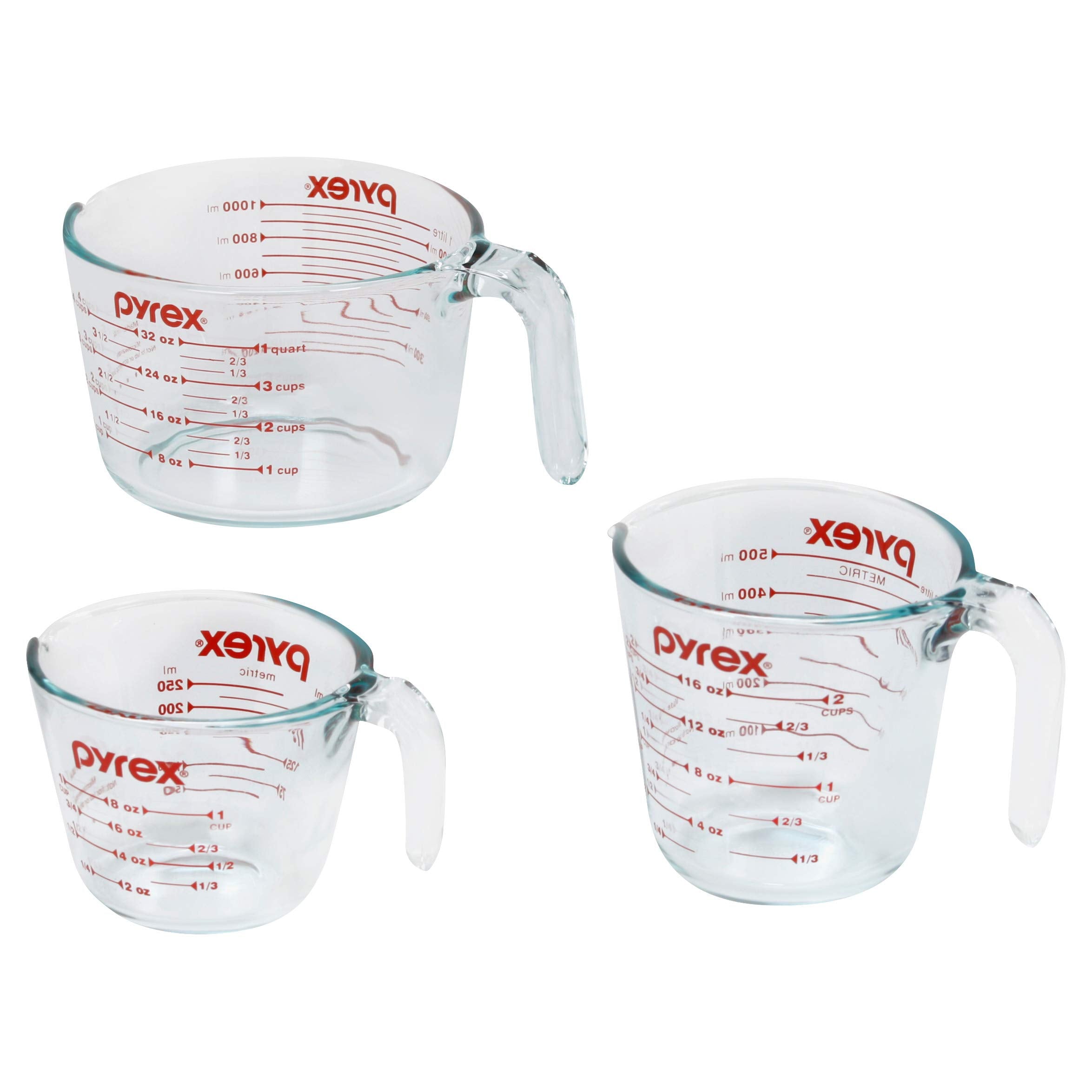 Pyrex front packaging showing the 3-piece measuring cup set for clarity and convenience