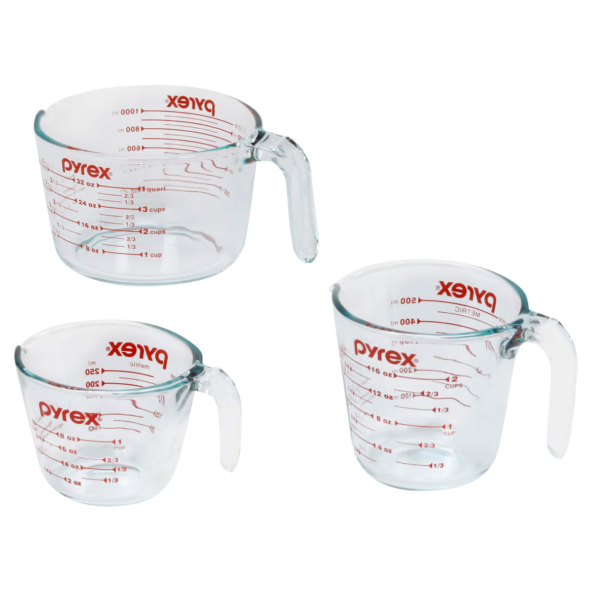 Pyrex front packaging showing the 3-piece measuring cup set for clarity and convenience