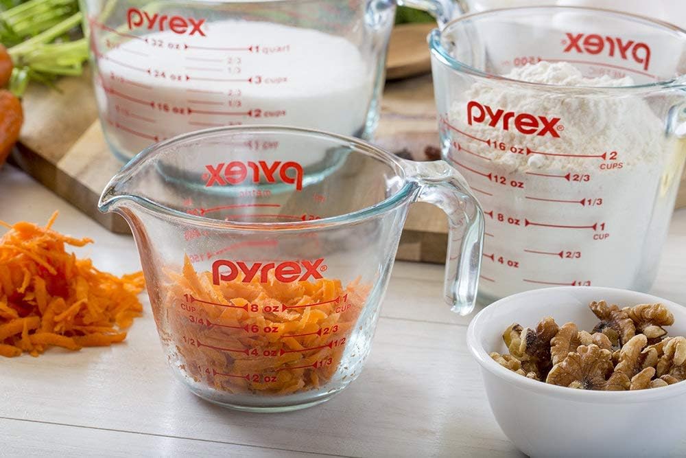 Pyrex measurement markings detail showing ounces and milliliters for precision