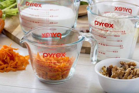 Pyrex measurement markings detail showing ounces and milliliters for precision