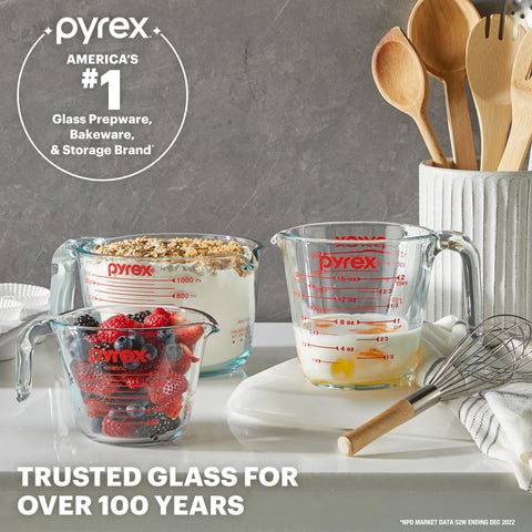 Pyrex nested storage of all three cups saving cabinet space and organizing kitchen
