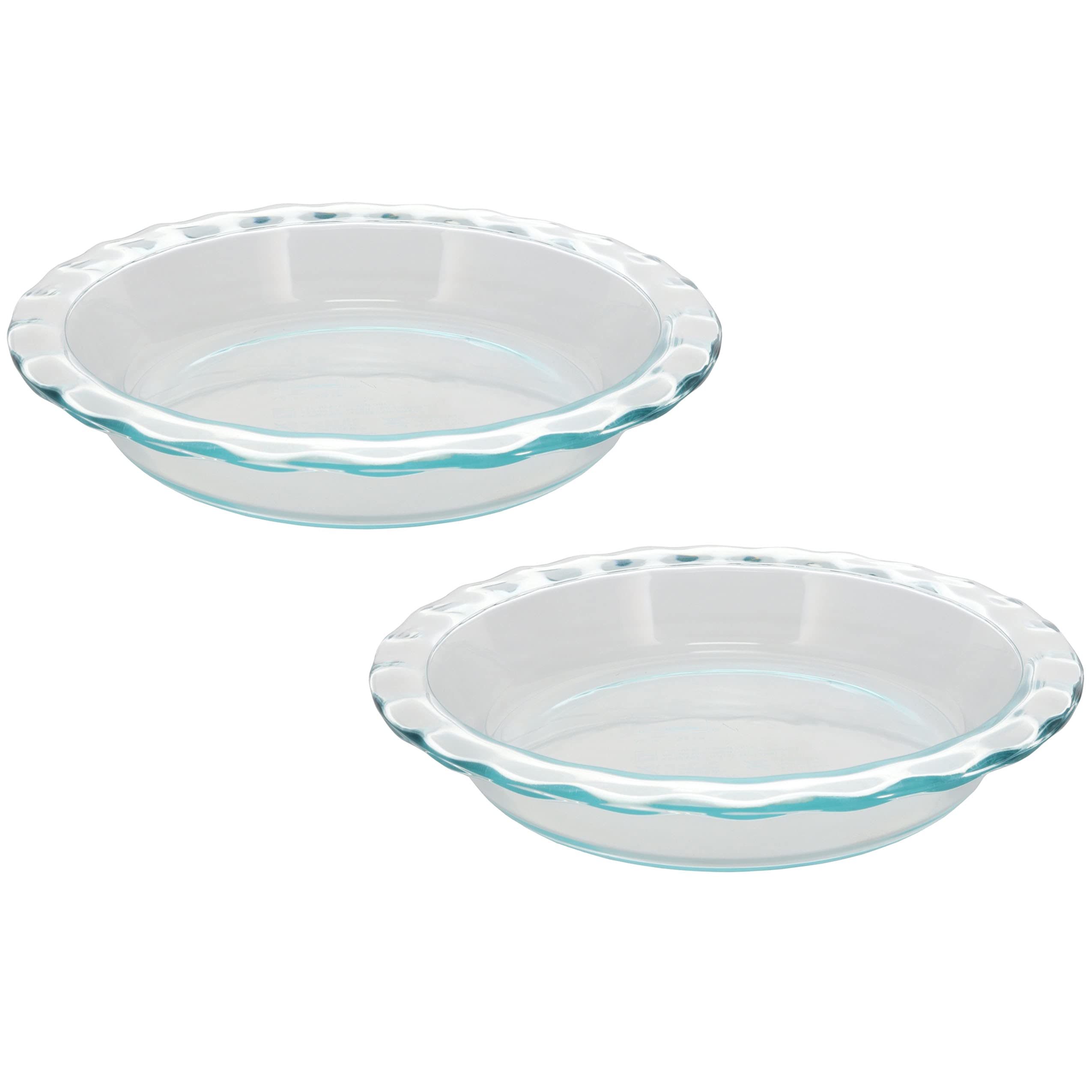 Pyrex fluted rim pie plate front view showing clear glass and scalloped edge, durable presentation