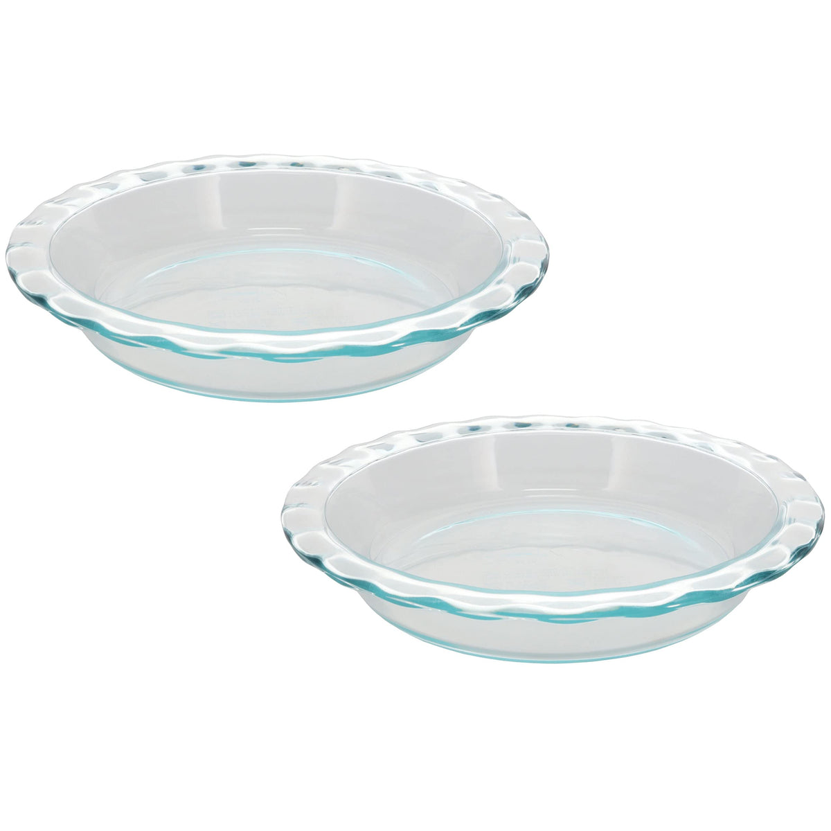 Pyrex fluted rim pie plate front view showing clear glass and scalloped edge, durable presentation