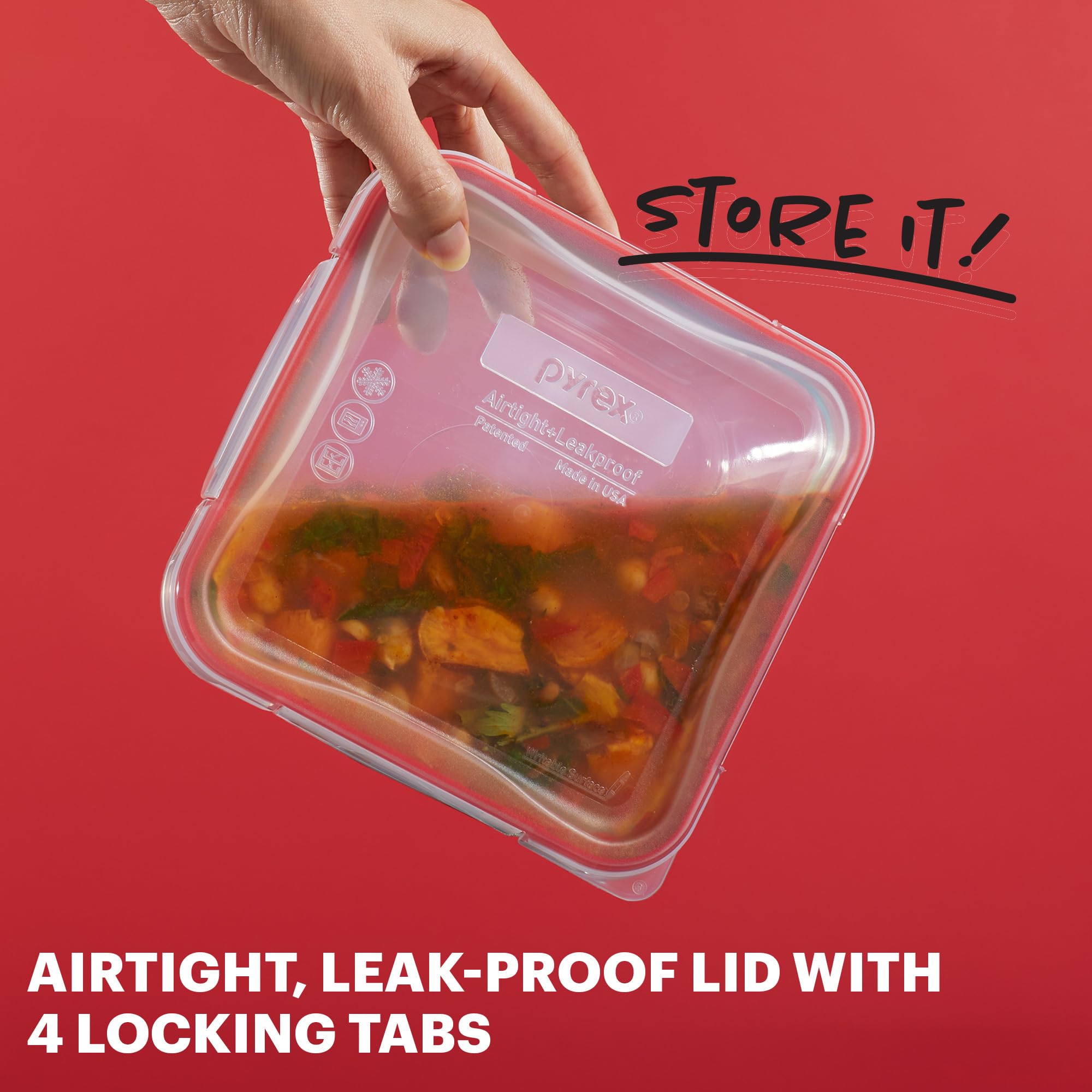 Pyrex Freshlock stacked containers next to a hand for scale, saves fridge space benefit