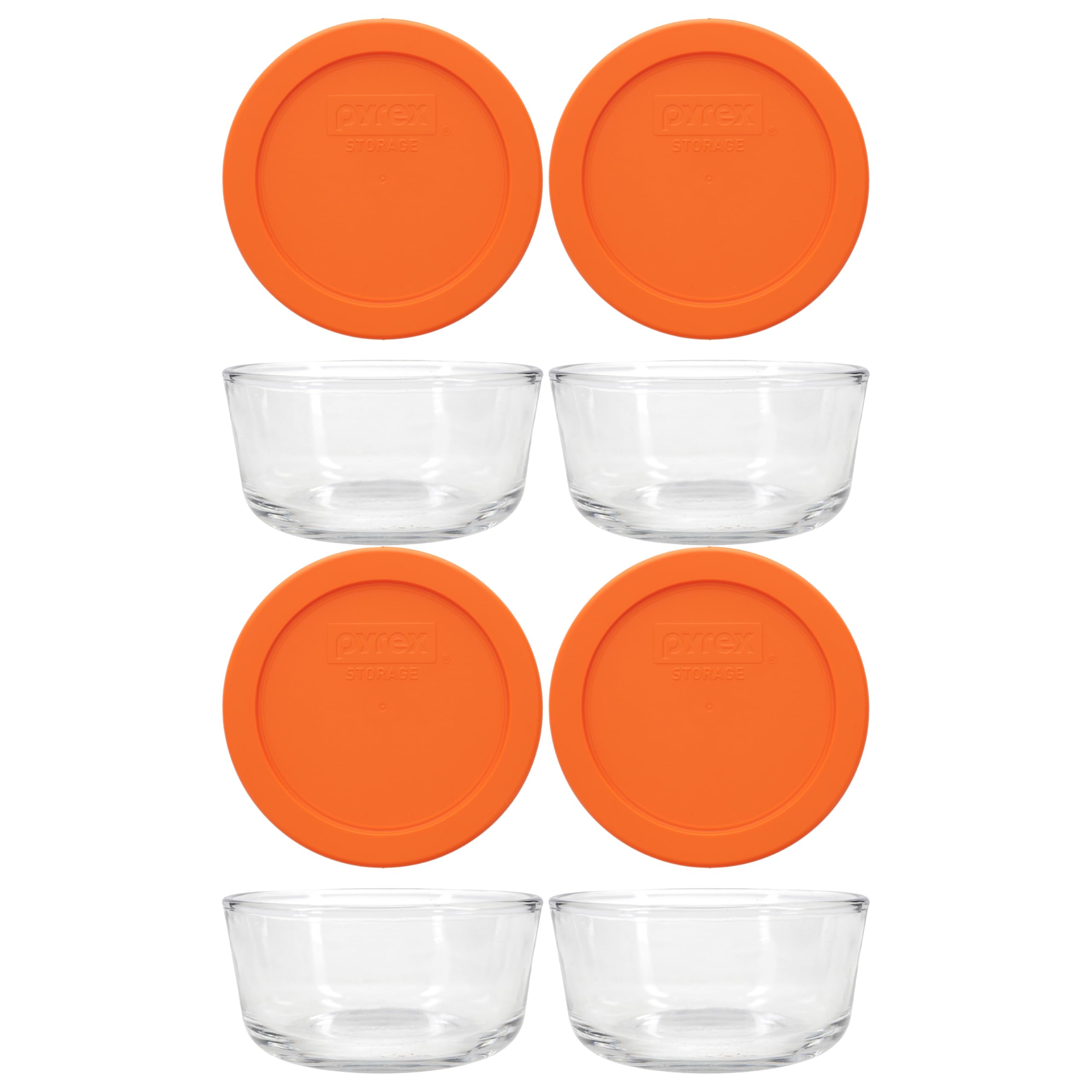 Pyrex front packaging 4-pack showing bowls and orange lids for organized storage