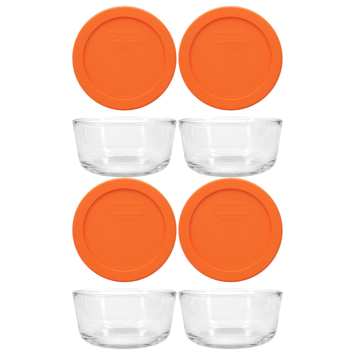 Pyrex front packaging 4-pack showing bowls and orange lids for organized storage