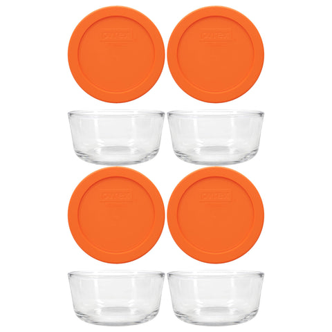 Pyrex front packaging 4-pack showing bowls and orange lids for organized storage
