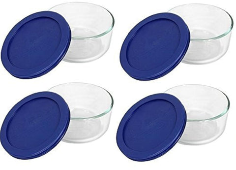 Pyrex front view of 4-pack bowls with dark blue lids showing stackable convenience