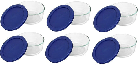 Pyrex front packaging showing six 2-cup bowls and dark blue lids, easy storage benefit