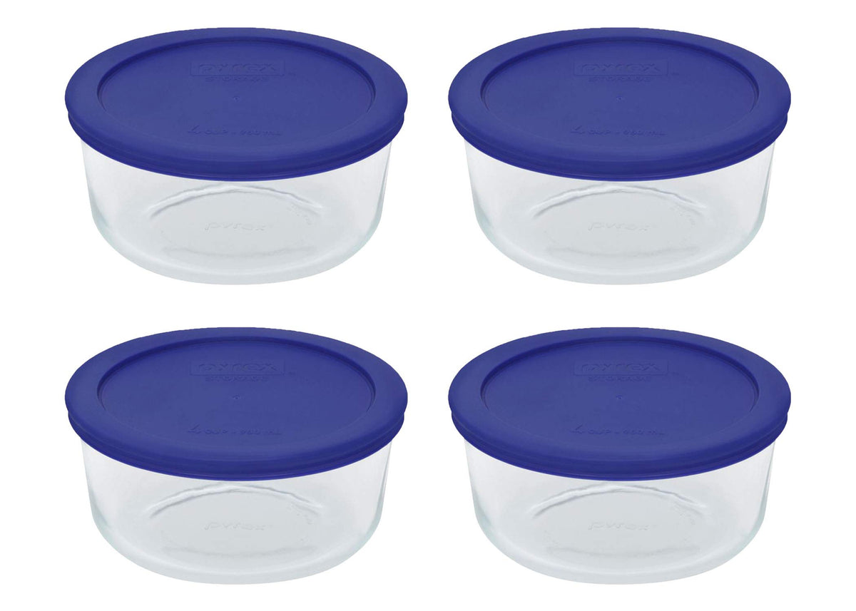 Pyrex front view with cadet blue lids showing durable storage benefits
