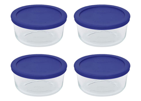 Pyrex front view with cadet blue lids showing durable storage benefits