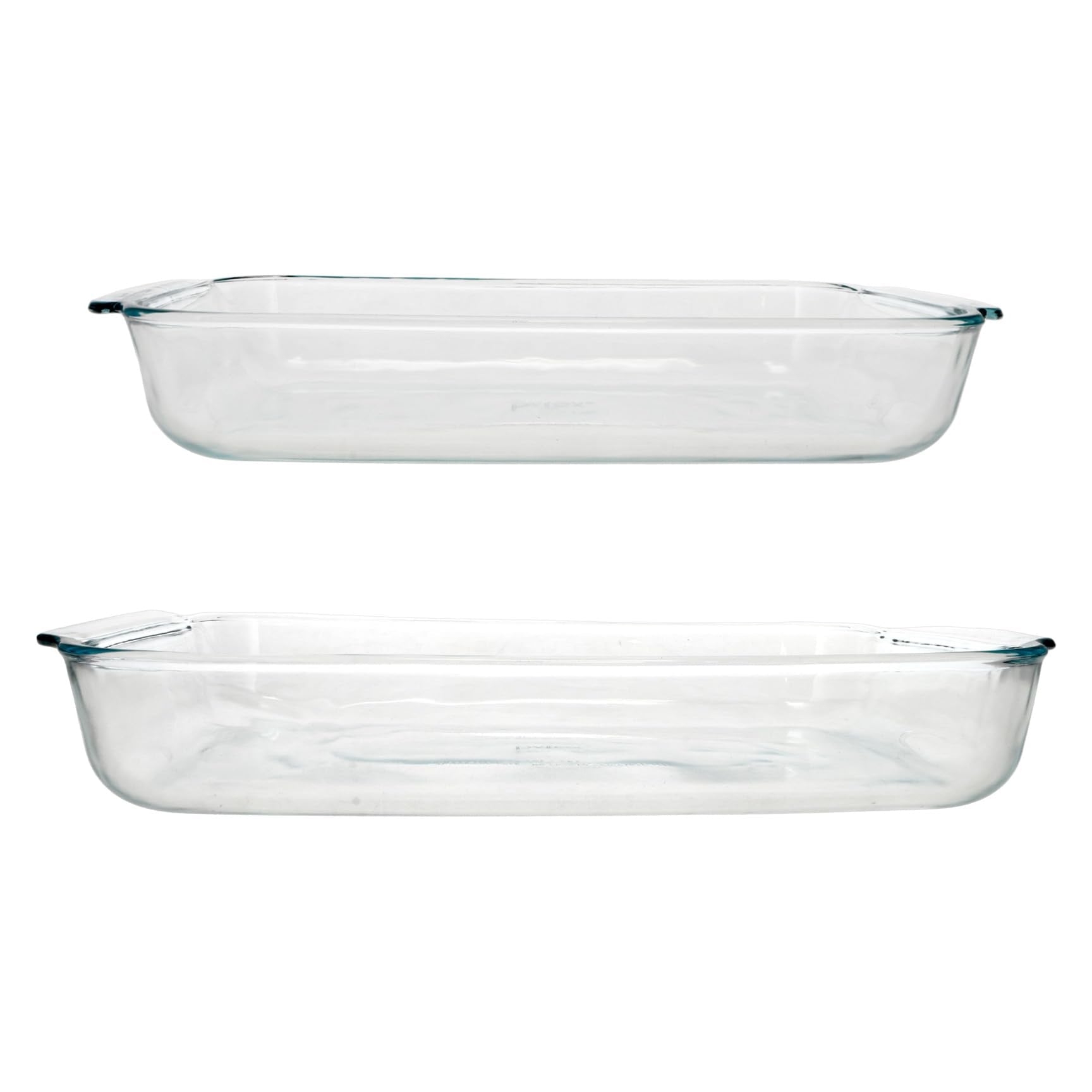Pyrex clear glass casseroles front view showing both 3qt and 2qt dishes, durable use