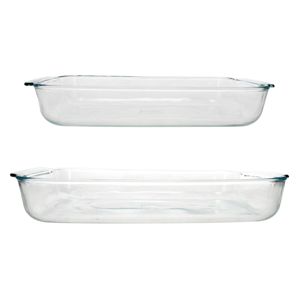 Pyrex clear glass casseroles front view showing both 3qt and 2qt dishes, durable use