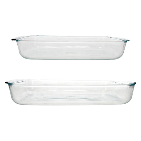 Pyrex clear glass casseroles front view showing both 3qt and 2qt dishes, durable use