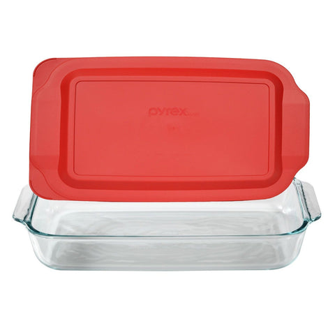 Pyrex front view showing the glass baker and red lid, neat presentation benefit
