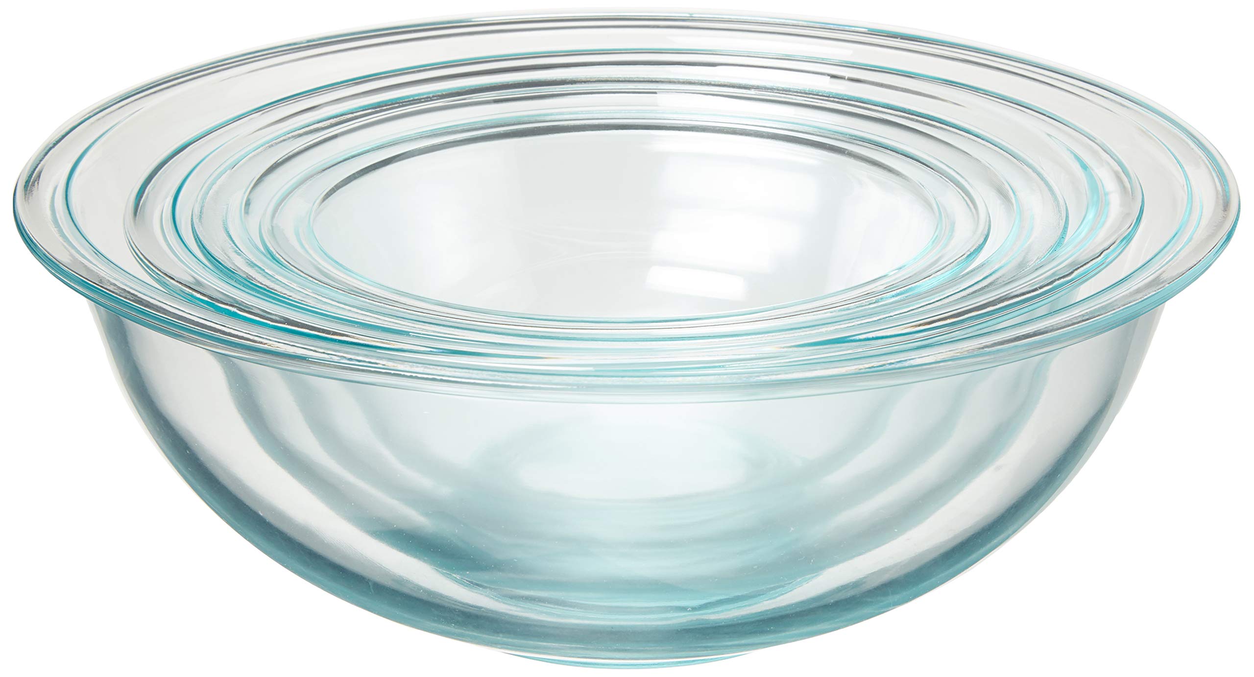 Pyrex stacked glass bowls nesting compactly to save cabinet space