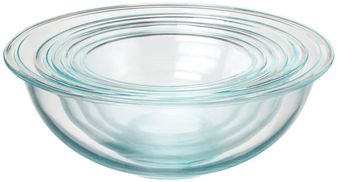 Pyrex stacked glass bowls nesting compactly to save cabinet space