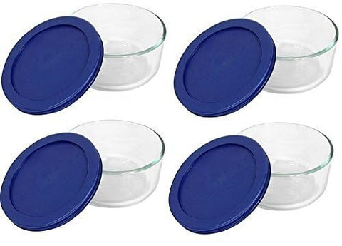 Pyrex bowl with dark blue lid in refrigerator demonstrating organized storage