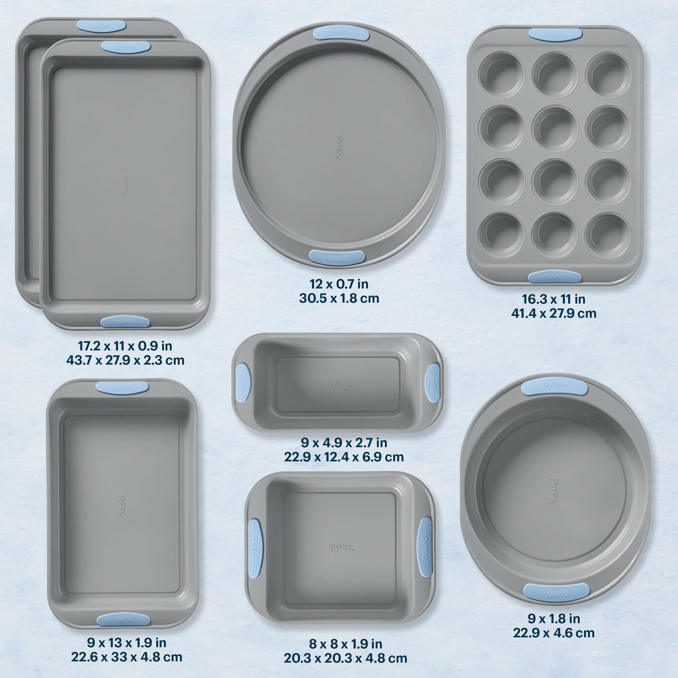 Pyrex pans lineup overhead displaying included shapes and efficient kitchen storage benefit