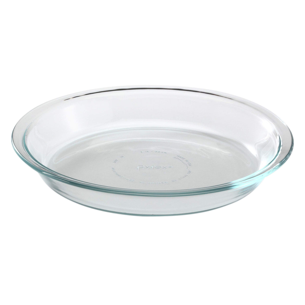 World Kitchen Pyrex clear pie plate front view, durable oven-to-table use