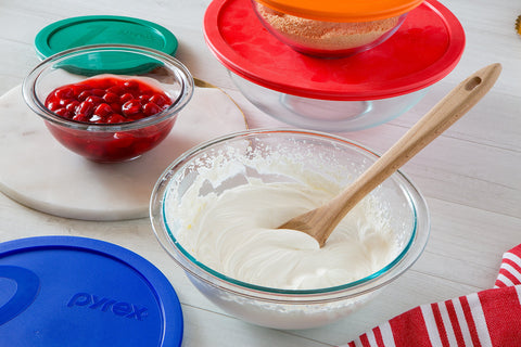 Pyrex Prepware bowl mixing batter in use for easy stirring and pouring
